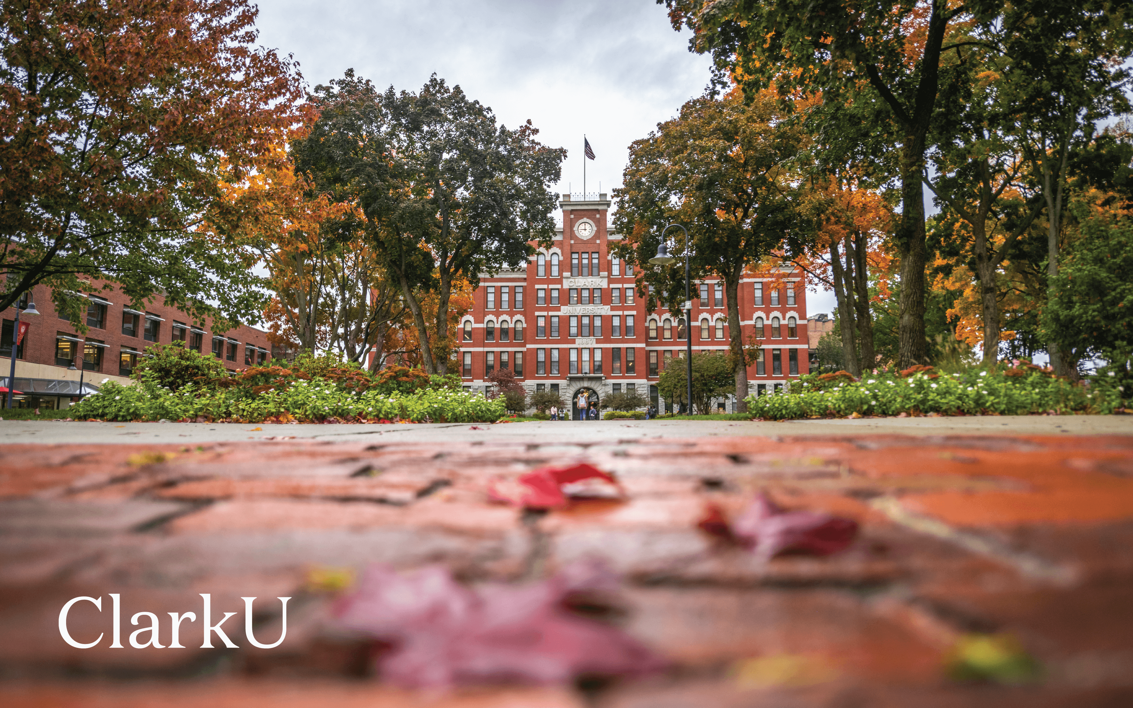 Jonas Clark building with fall leaves on ground