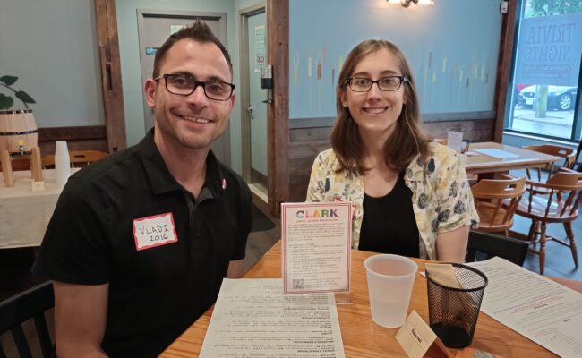 Vladi Highland ’16 Psy.D. & Jennifer Laponte ’16, CLAA co-leaders and co-hosts of Providence Pride Meetup 2023