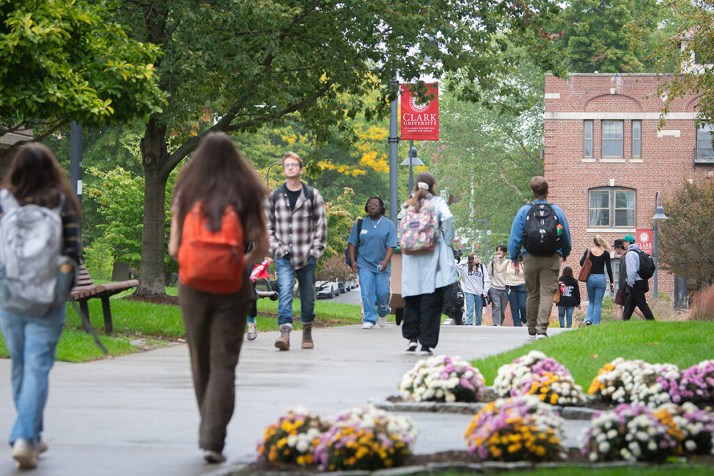 students walking across campus