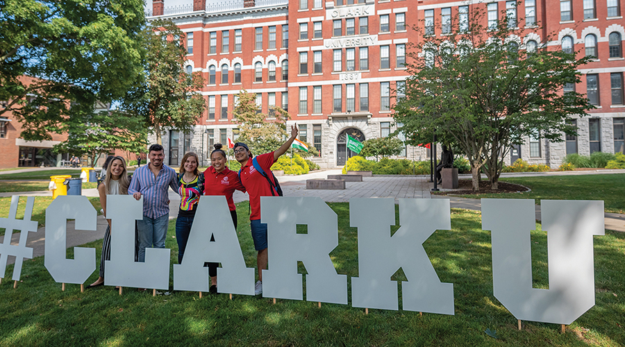 #clarku hashtag sign in front of Jonas Clark Building