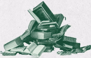 Illustration of pile of open and closed books