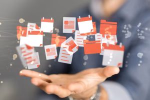 management information systems - hand holding floating icons