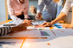 marketing team looking over charts