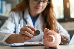 money and banking - girl putting bitcoin in bank