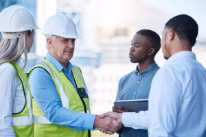 team management: Building, handshake and men in deal for architecture, planning and agreement at construction site. Project, collaboration and civil engineering team shaking hands for urban development with welcome.