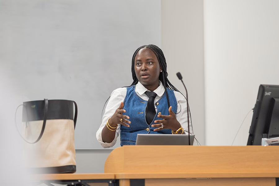 female student at podium