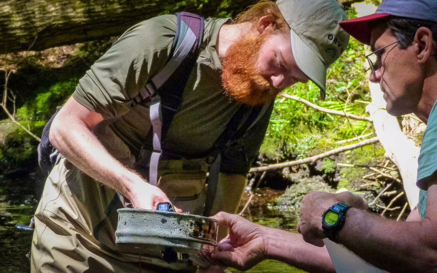 A Clark environmental science student takes water samples near Worcester
