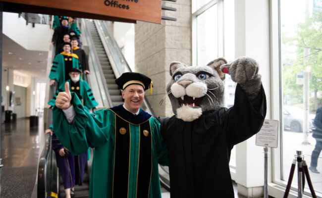 President Fithian with cougar mascot