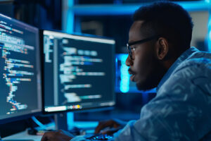 student behind computers with data