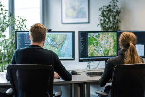 students looking at computer screens with geospatial data analytics