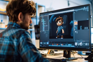 Digital 3D Modeling - Man working on 3D character design at computer workstation