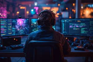 Game Programming: male student behind 3 computers