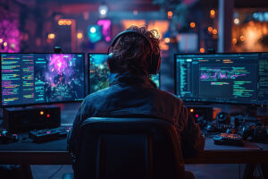 Game Programming: male student behind 3 computers