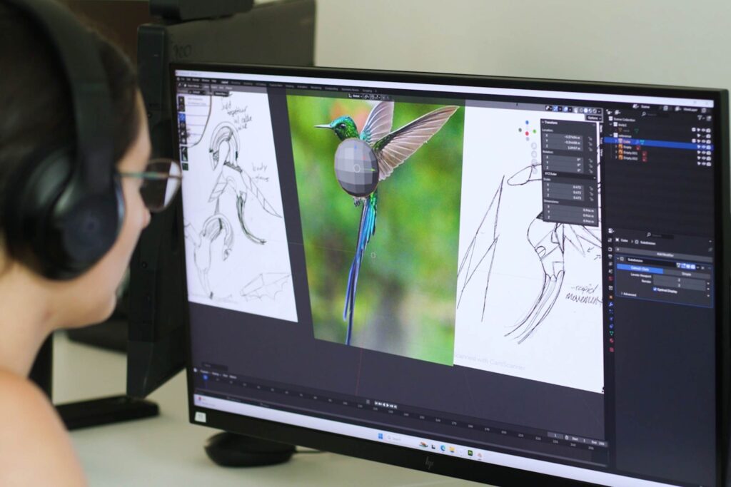 a student creates a 3D model of a hummingbird