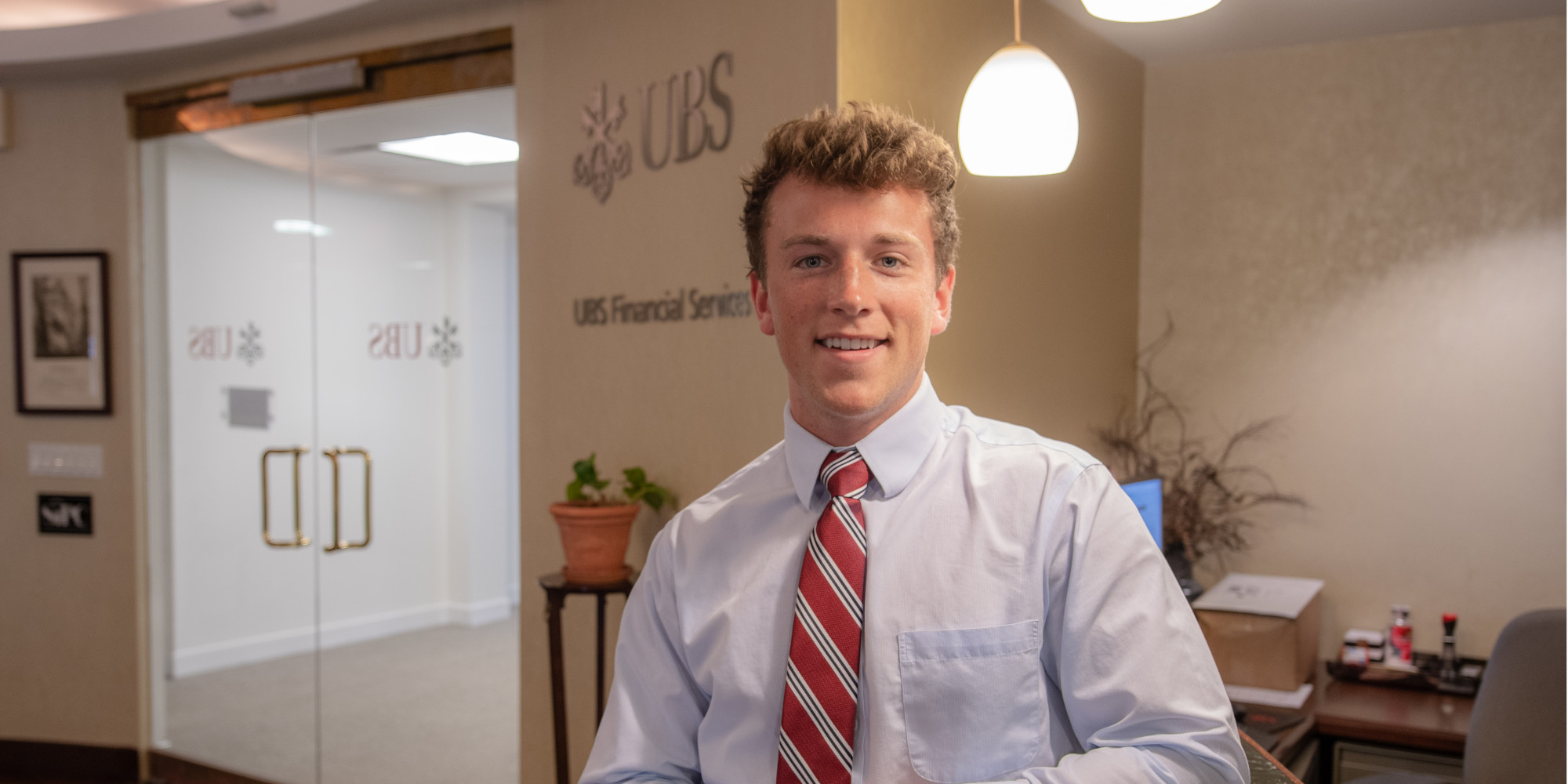 Economics student in office of financial building for internship