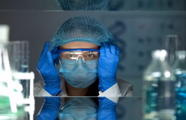 a student wears PPE in the lab
