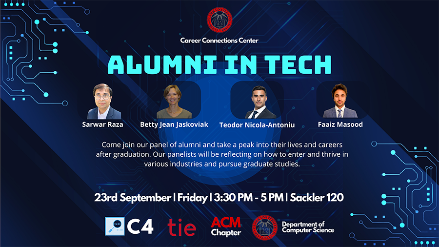 Event flyer for alumni panel on 09/23 at 3:30 pm in Sackler 120