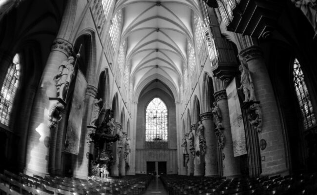 Interior of St. Michael and St. Gudula Cathedral - Roman Catholic church on the Treurenberg Hill in Brussels, Belgium.