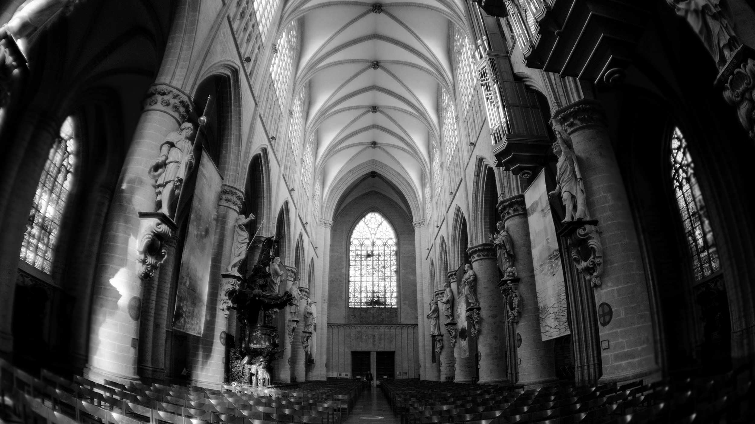 Interior of St. Michael and St. Gudula Cathedral - Roman Catholic church on the Treurenberg Hill in Brussels, Belgium.