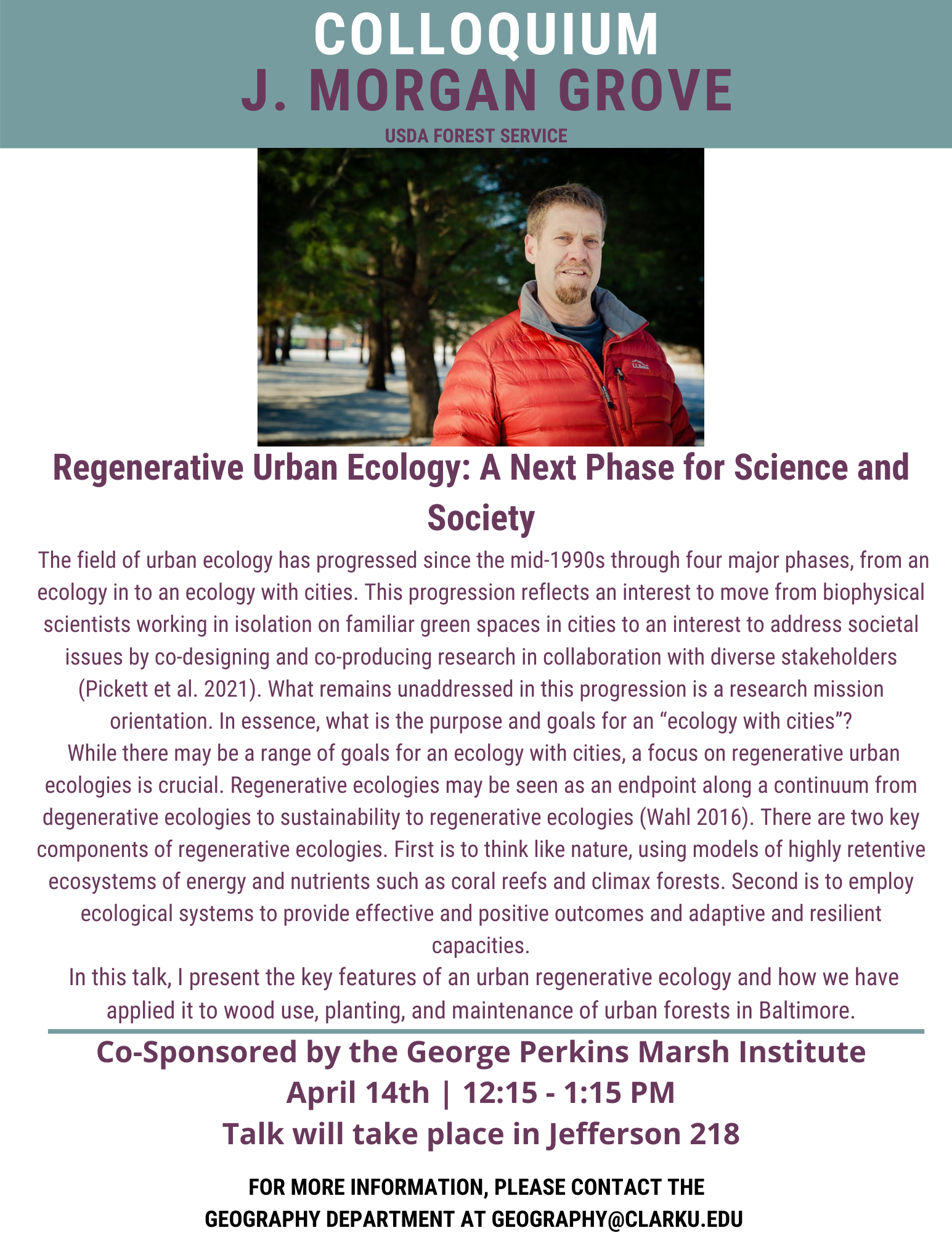 Spring 2022 Colloquium Speaker Series: J. Morgan Grove, USDA Forest Service – (co-sponsored by Marsh Institute)