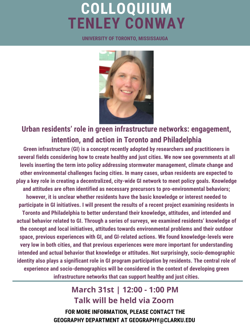 Spring 2022 Colloquium Speaker Series: Tenley Conway, University of Toronto-Mississauga, Department of Geography, Geomatics and Environment