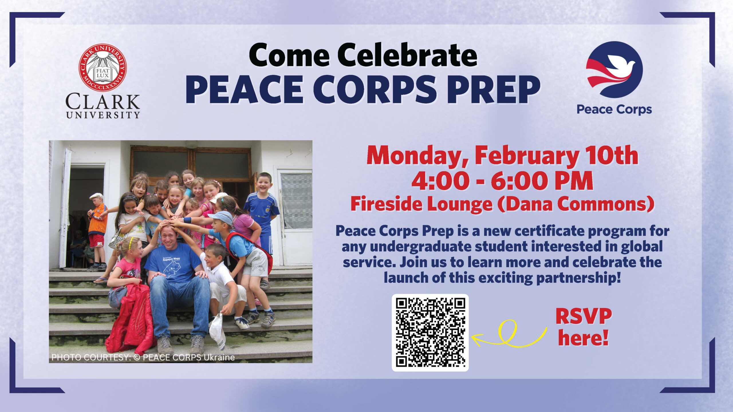 Invitation text containing date/time location Monday, February 10, 4:00 -6:00, Fireside Lounge, Dana Commons