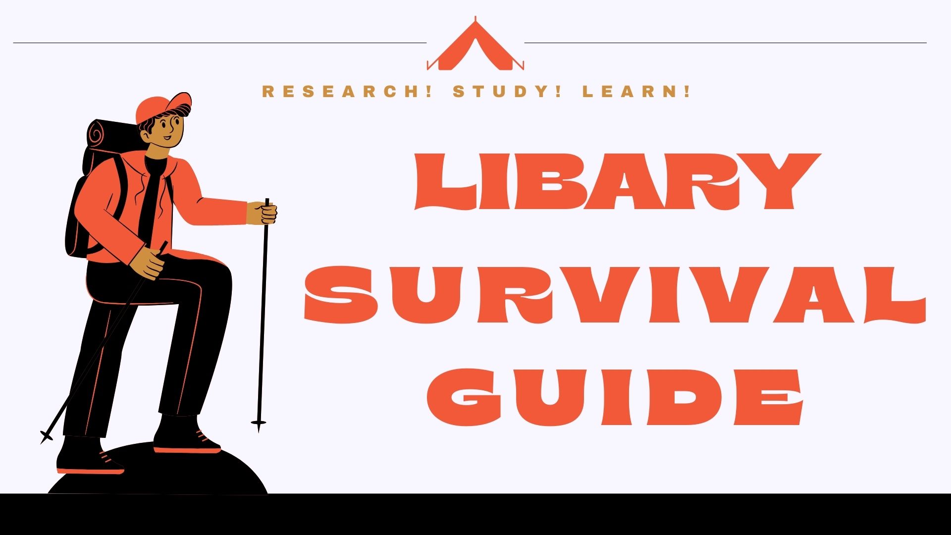 Hiker cartoon image with text, Library Survival Guide