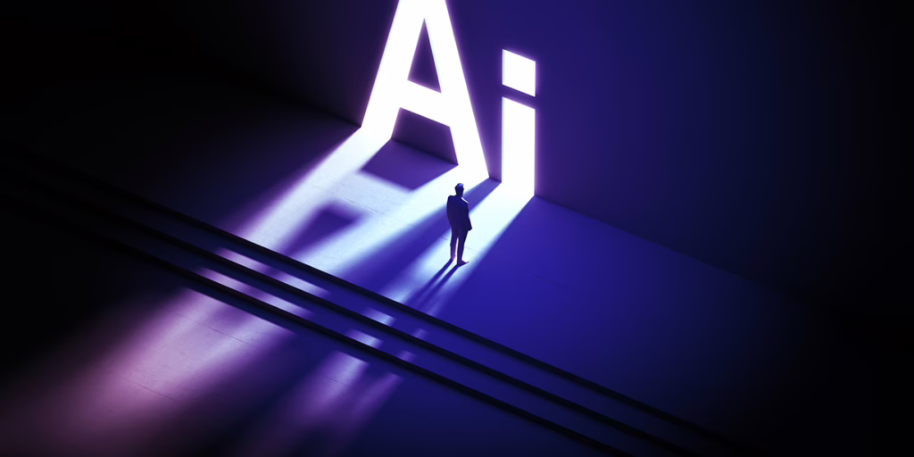Illustration of person standing in front of large AI letters