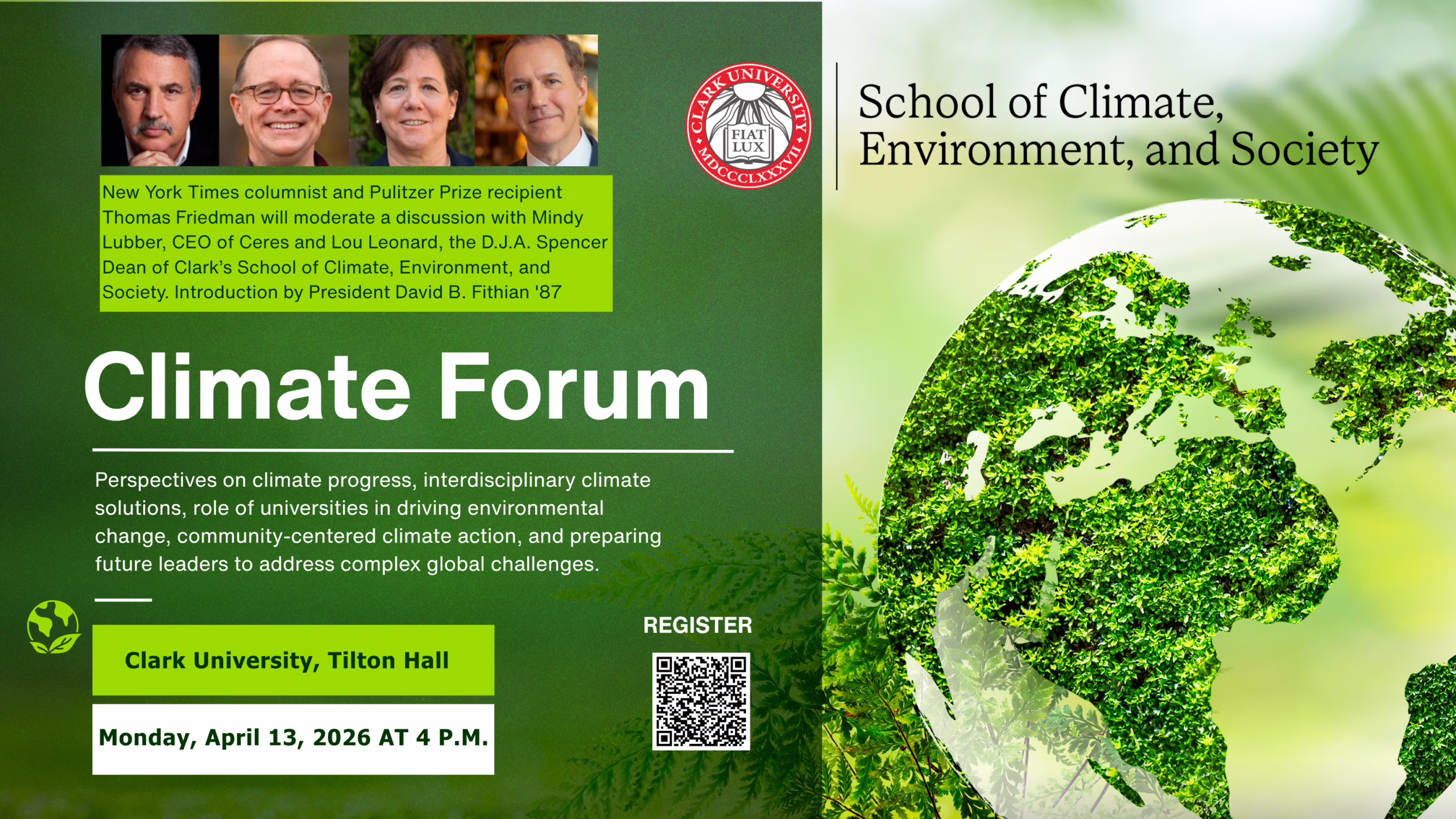 Poster for Climate, Environment, and Society Forum, April 13, 2026