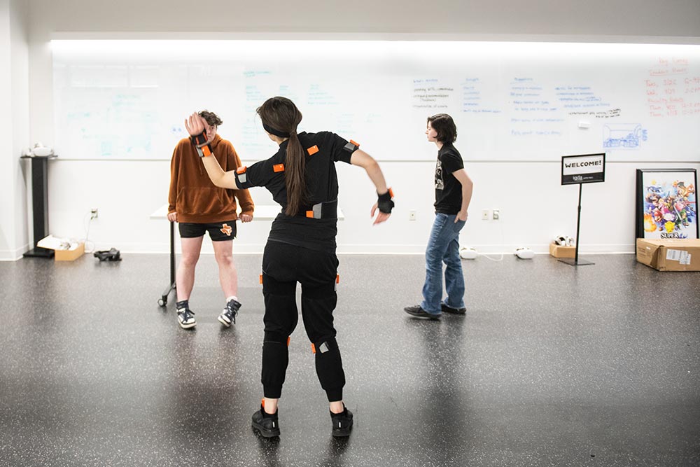 Students work with motion capture technology in one of the two virtual- and augmented-reality areas in the Center for Media Arts, Computing, and Design at Clark University.