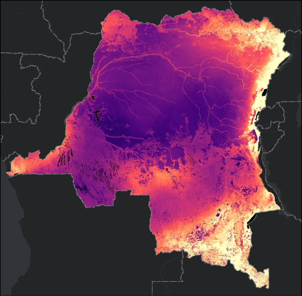 Number of unique bird species with mapped habitat in each 1 km DRC reference-grid cell. Lighter colors show high numbers of species and dark colors show low numbers.
source: BirdLife Area of Habitat (AOH)