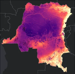 Number of unique bird species with mapped habitat in each 1 km DRC reference-grid cell. Lighter colors show high numbers of species and dark colors show low numbers." source: BirdLife Area of Habitat (AOH)