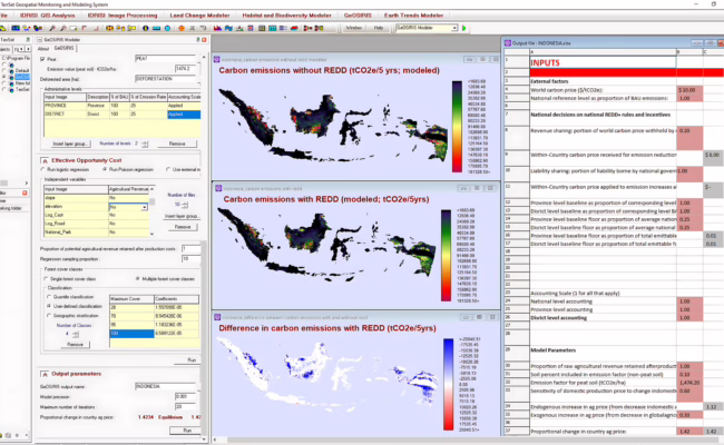GeOSIRIS is a national-level planning tool for REDD (Reducing Emissions from Deforestation and forest Degradation). Developed in partnership with Conservation International, GeOSIRIS allows the user to specify the price of carbon, national level objectives for carbon emissions, the distribution of offset income between national and local levels, and a variety of economic parameters such as price elasticity of demand for agriculture on newly deforested land. GeOSIRIS empirically determines the effective opportunity cost based on a set of environmental variables and a provided map of potential agricultural revenue. Outputs include maps of expected carbon emissions with and without the proposed REDD policy as in the example for Indonesia above.
