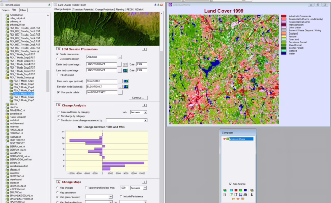 The Land Change Modeler (LCM) for analyzing land cover change, empirically modeling its relationship to explanatory variables and projecting future changes. From these, projections can be made of the expected land cover at a future date. The LCM dialogue in the image above shows the results of a Change Analysis for land cover in central Massachusetts. In this analysis we are able to see the loss/gain of each category in the legend. 