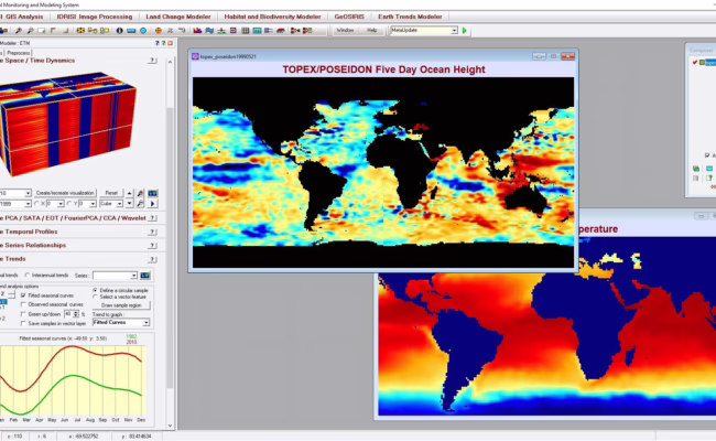 The Earth Trends Modeler (ETM) is an earth observation image time series tool designed to analyze trends documented in imagery. In this image, two displays of ocean change are documented. In the top left corner is ocean height over 5 days in May 1999. Note the drop in ocean height in the Pacific Ocean near central America (large dark blue blob) and the rise in height near Indonesia and Australia, this is because between 1997-1998 was the largest el Niño in history, which was followed by another historic la Niña in 1999. The second image in the bottom right is surface temperature during the same time as the top picture. Although not as stark, there is some temperature different in the same location where the drop in ocean height was in the image above.
