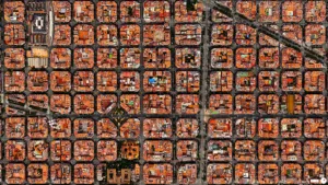 An aerial satellite photograph of the Eixample district in Barcelona, showing a strict grid pattern of octagonal city blocks. The buildings feature uniform orange and terracotta-colored rooftops, tightly bordering hollow, rectangular central courtyards. Long, straight streets and wide avenues cut precisely between the blocks, creating a highly geometric urban landscape.
