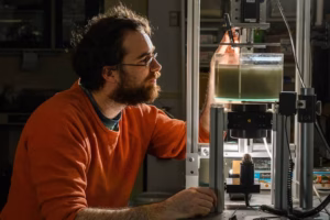 a researcher examines fluids in the lab