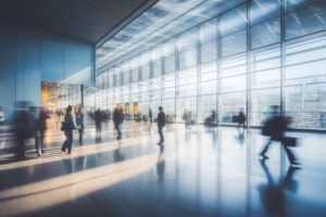 clark mini mba program - people walking across hall way