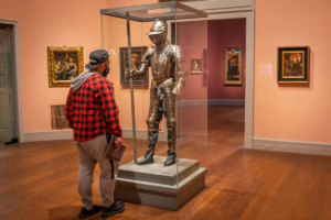 armor outfit in glass casing.