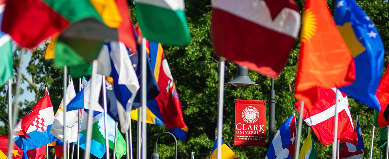 All sorts of international flags flying on campus gre