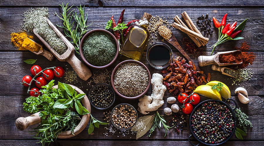 herbs and spices on table