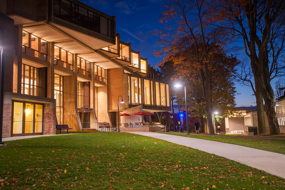 night time shot of front of Goddard Librar