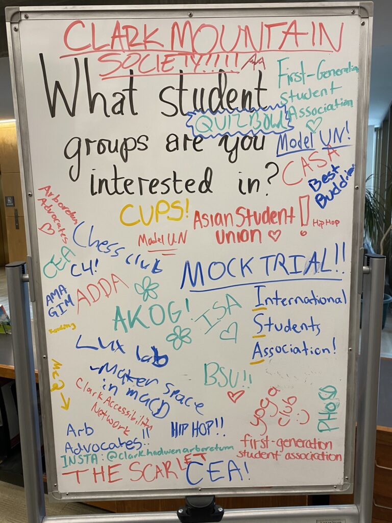 White board display with student responses to the question, What student groups are you interested in?