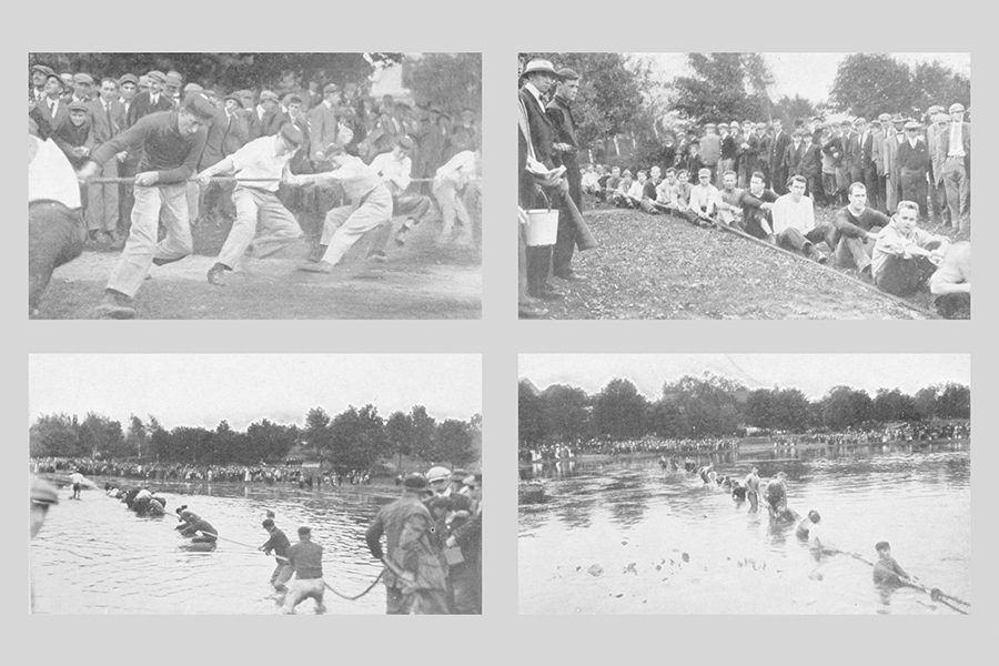 Clark students used to participate in a yearly tug-of-war contest across Crystal Pond. The tradition began in 1909; the photo collage above is from 26 years later, 1935.
