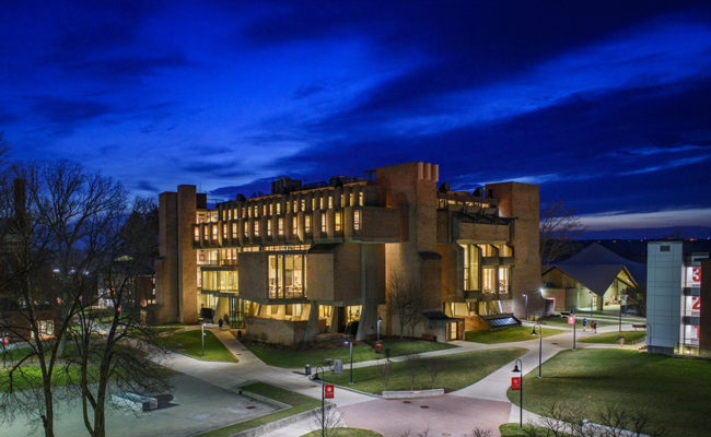 night scene over goddard library