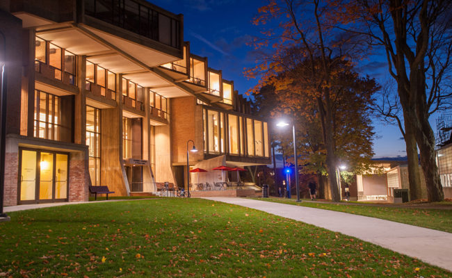 night time shot of front of Goddard Librar