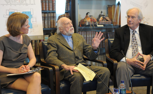 Goddard Library architect John Johansen talks about his brutalist design with Prof. Kristina Wilson (left) and Academic Commons architect Steven Foote.