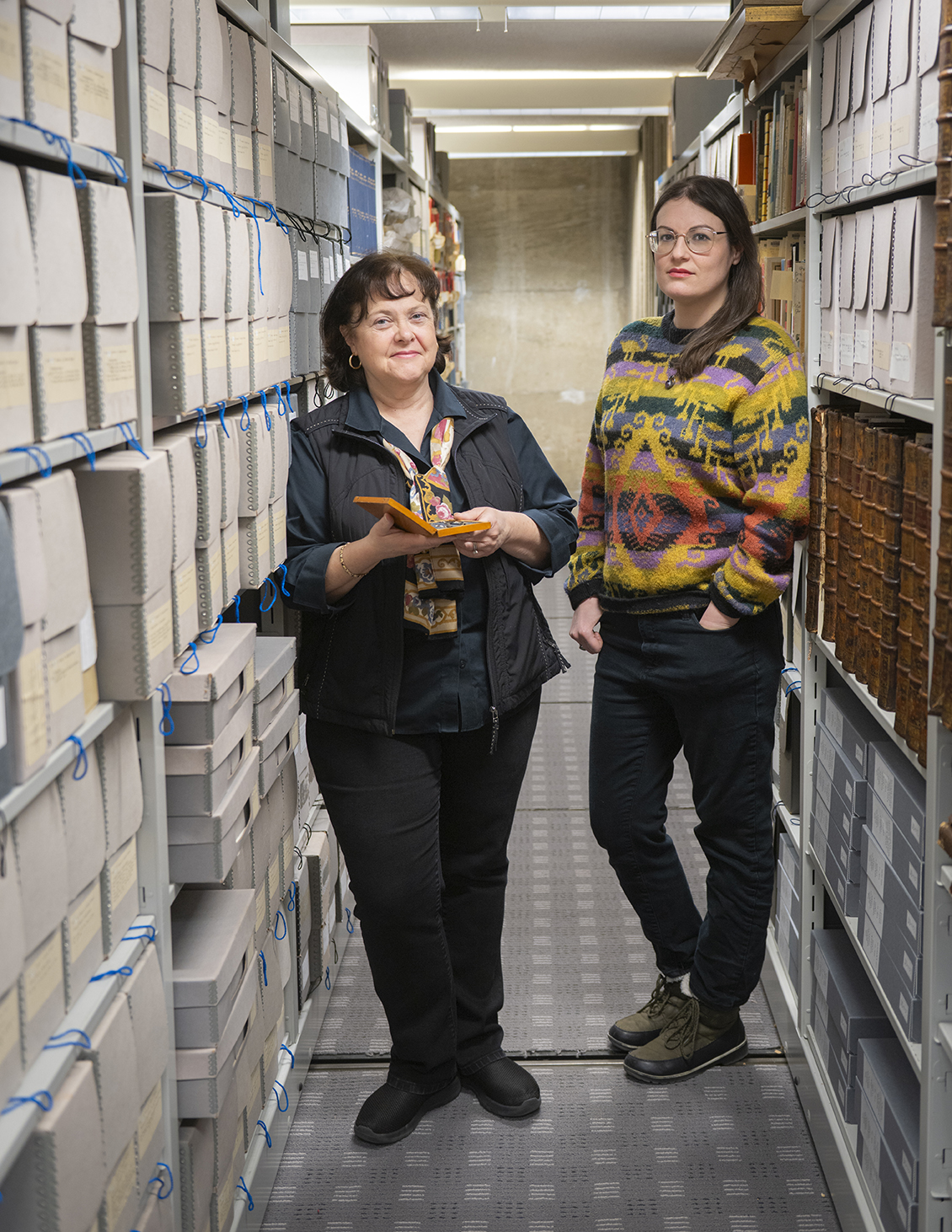 Cynthia Shenette (l) and Catherine Stebbins in the Clark University Archives