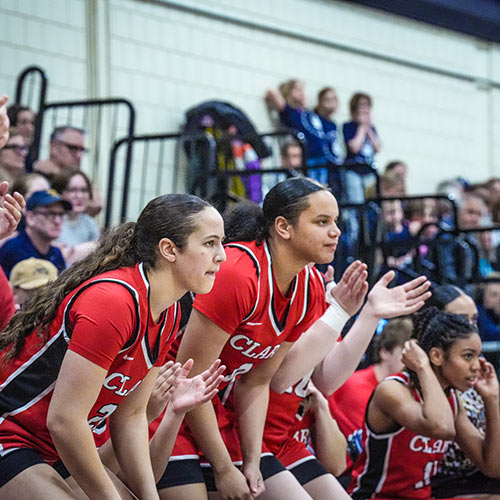 NEWMAC champion women's basketball team cheering for their teammates on the court, 2026