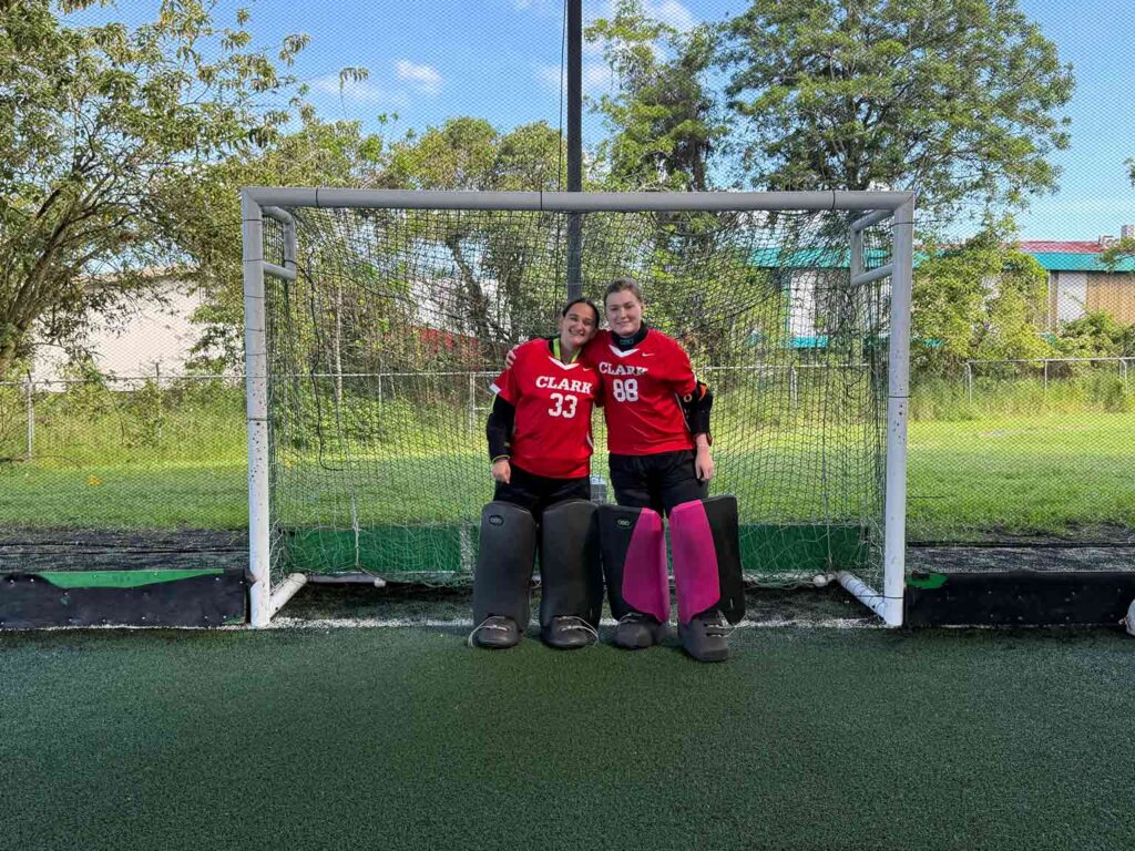 Clark goalkeepers 
Rachel Reiter ’27 and 
Loren Root ’26.